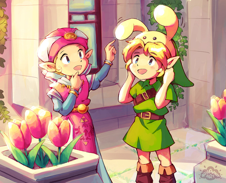1boy 1girl animal_ears aquanut artist_logo belt belt_buckle blonde_hair blue_eyes blue_sleeves brown_belt brown_footwear buckle bunny_hood_(zelda) child commentary dress feet_out_of_frame flower fold-over_boots green_hat green_tunic hat juliet_sleeves link logo long_dress long_sleeves nintendo open_mouth pink_dress pink_flower pink_hat pink_tulip pointing_at_object pointy_ears princess_zelda puffy_sleeves rabbit_ears short_hair short_sleeves shoulder_belt smile standing the_legend_of_zelda the_legend_of_zelda:_ocarina_of_time triforce tulip tunic two-tone_dress two-tone_headwear white_dress white_hat young_link young_zelda