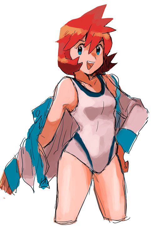 1girl blue_eyes breasts eyelashes gen_1_pokemon gen_2_pokemon gym_leader jacket legs medium_breasts misty_(pokemon) nintendo one-piece_swimsuit orange_hair piyo_(sanigo) poke_ball pokemon pokemon_hgss sanigo short_hair smile solo swimsuit thick_thighs thighs