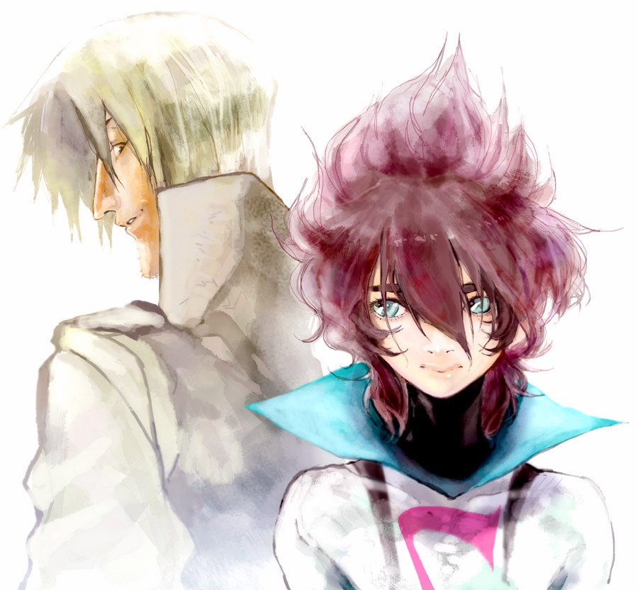 2boys akira-riku akoes beard_stubble blue_eyes bodysuit brown_hair casshern casshern_(series) casshern_sins closed_mouth coat commentary_request facial_hair grey_coat grey_hair hair_between_eyes long_bangs looking_at_another looking_to_the_side male_focus multiple_boys popped_collar short_hair simple_background smile spiked_hair stubble upper_body wavy_hair white_background white_bodysuit