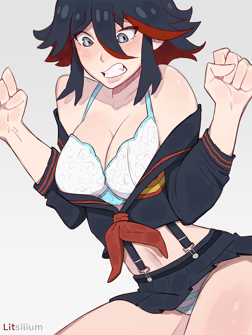 1girl black_hair blush bra breasts cleavage embarrassed highres kill_la_kill large_breasts litsilium matoi_ryuuko multicolored_hair navel panties red_hair solo striped_clothes striped_panties two-tone_hair underwear