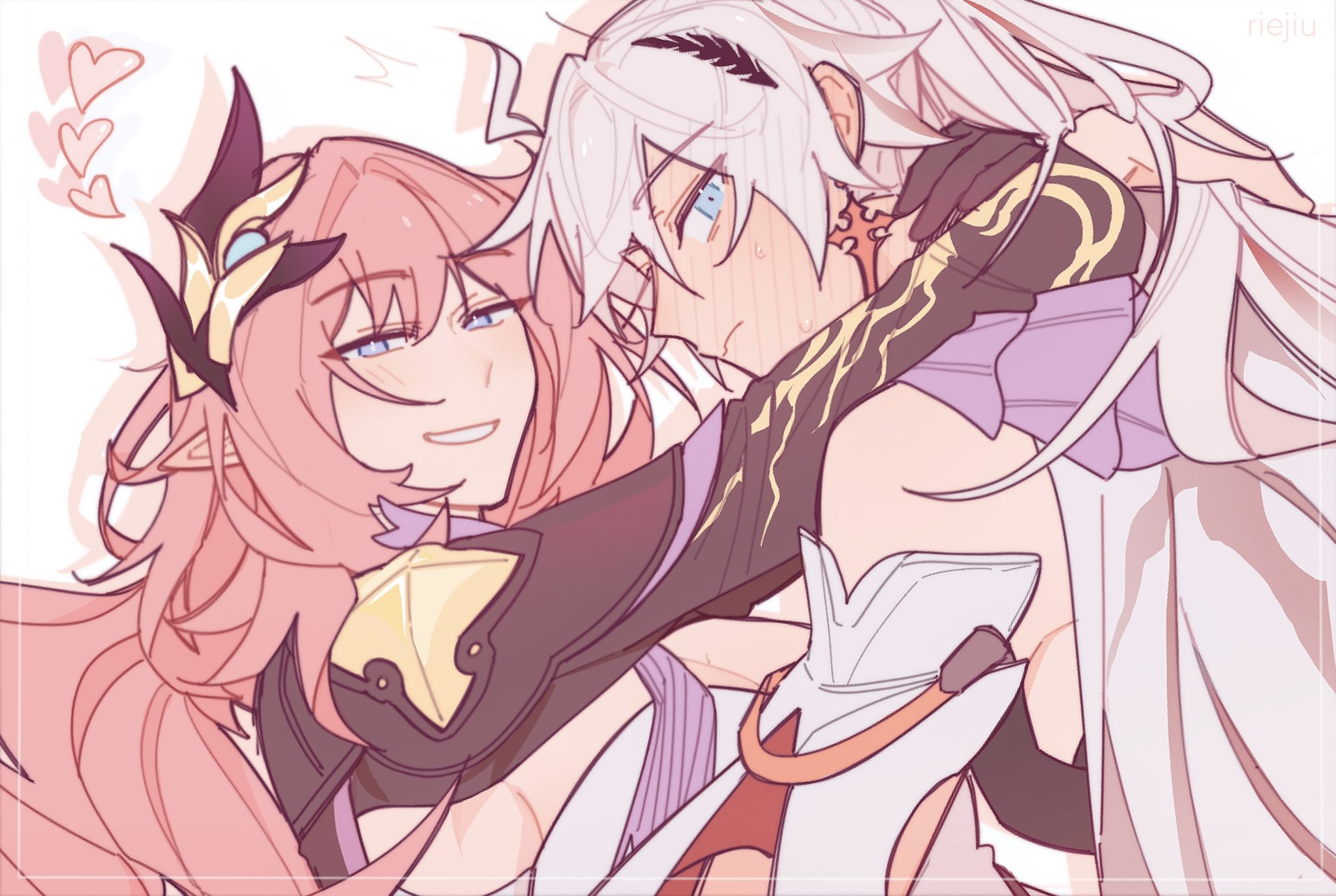 2girls black_gloves blue_eyes blush breasts cleavage corset elf elysia_(honkai_impact) elysia_(miss_pink_elf)_(honkai_impact) full-face_blush gloves hair_ornament hand_on_another's_back heart highres honkai_(series) honkai_impact_3rd kiana_kaslana kiana_kaslana_(herrscher_of_flamescion) large_breasts long_hair looking_at_viewer multiple_girls pink_hair pointy_ears riejiu simple_background single_glove smile upper_body white_background white_corset white_hair yuri