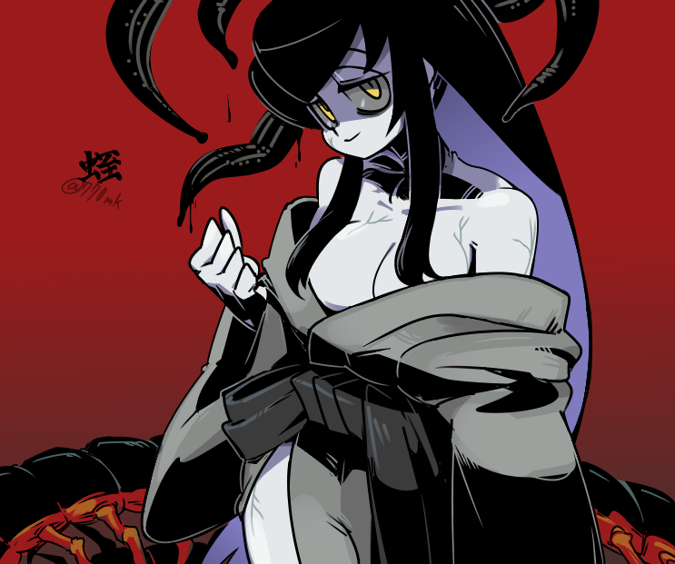 1girl 770mk animal bags_under_eyes bare_shoulders black_hair black_sash breasts bug centipede cleavage clenched_hand closed_mouth colored_inner_hair colored_sclera colored_skin gradient_background grey_kimono grey_sclera hair_over_breasts hand_up japanese_clothes kimono large_breasts leech long_hair looking_at_viewer multicolored_hair off_shoulder original oversized_animal partially_undressed red_background sash shaded_face side_slit simple_background smile solo very_long_hair waist_sash white_skin yellow_eyes