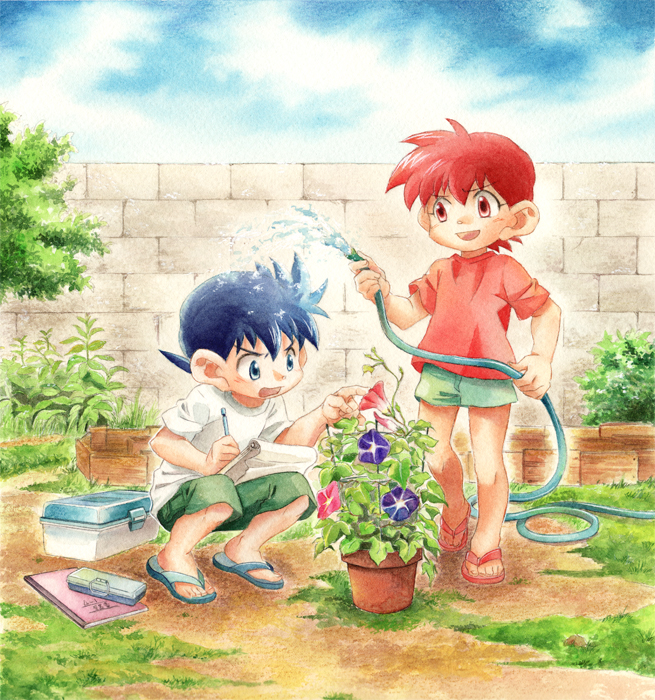 2boys bakusou_kyoudai_let&#039;s_&amp;_go!! black_hair blue_eyes blue_flower brick_wall brothers commentary_request day flower flower_pot holding holding_hose hose ichiyo_(ichiyon) looking_at_flowers male_focus mechanical_pencil morning_glory multiple_boys open_mouth outdoors painting_(medium) pencil pink_flower plant potted_plant red_eyes red_flower red_hair red_shirt sandals seiba_gou seiba_retsu shirt short_hair short_sleeves shorts siblings squatting stone_wall traditional_media watercolor_(medium) white_shirt