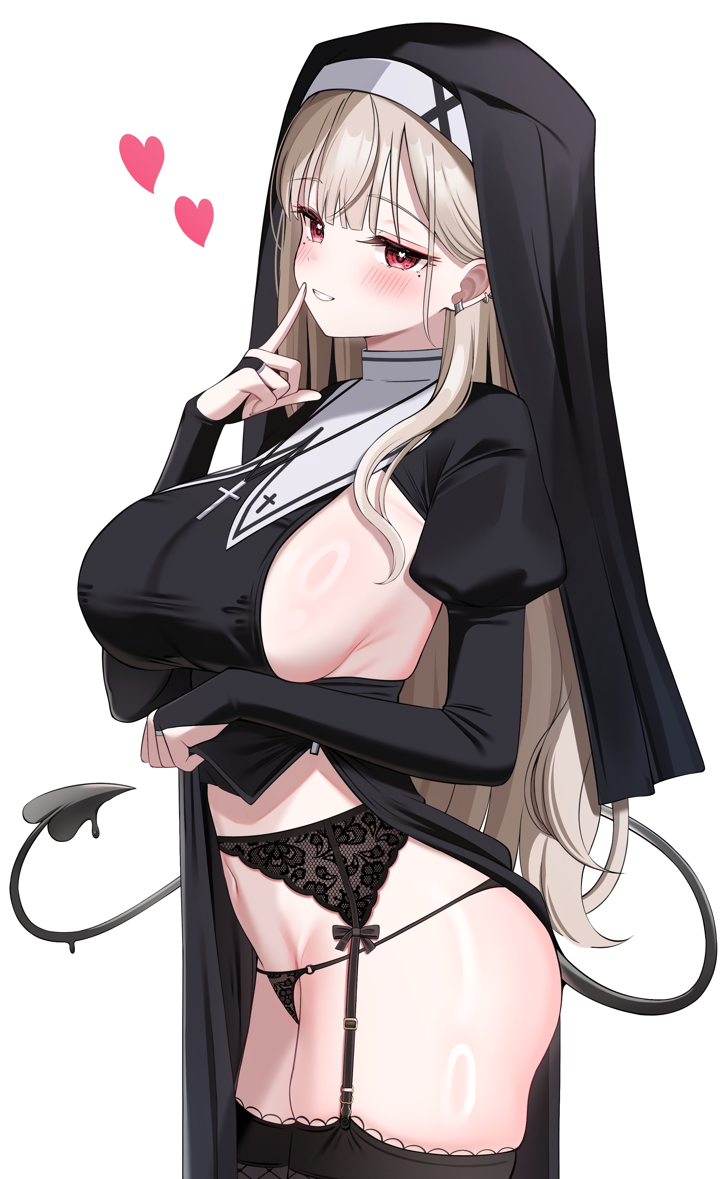 1girl absurdres ass black_dress black_garter_belt black_hat black_panties black_thighhighs blush breasts brown_hair character_request commentary copyright_request cross cross_necklace demon_tail dress earrings finger_to_mouth garter_belt hat heart heart_in_eye highres hiyayo25 jewelry juliet_sleeves lace_garter_belt large_breasts long_hair long_sleeves looking_at_viewer mole mole_under_eye navel necklace nun panties puffy_sleeves red_eyes sideboob sideboob_cutout simple_background smile solo stomach straight_hair symbol-only_commentary symbol_in_eye tail thighhighs underwear very_long_hair white_background