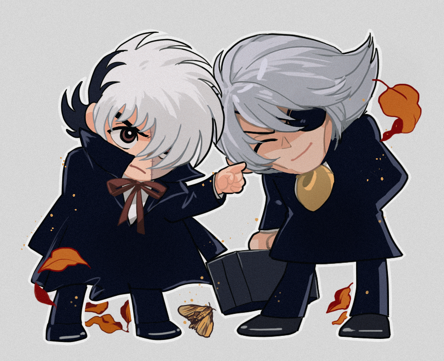 2boys ^_^ ascot black_coat black_footwear black_hair black_jack_(character) black_jack_(series) black_pants black_vest briefcase brown_eyes bug chibi closed_eyes closed_mouth coat commentary_request eyepatch falling_leaves frown full_body grey_background grey_hair hair_over_one_eye hand_in_pocket holding holding_briefcase insect kiriko_(black_jack) leaf long_sleeves looking_at_another male_focus moth multicolored_hair multiple_boys neck_ribbon outline pants patchwork_skin pointing pointing_at_another red_ribbon ribbon shirt shoes short_hair simple_background smile standing stitched_face stitches tsun_(chun_55) two-tone_hair vest white_hair white_outline white_shirt yellow_ascot