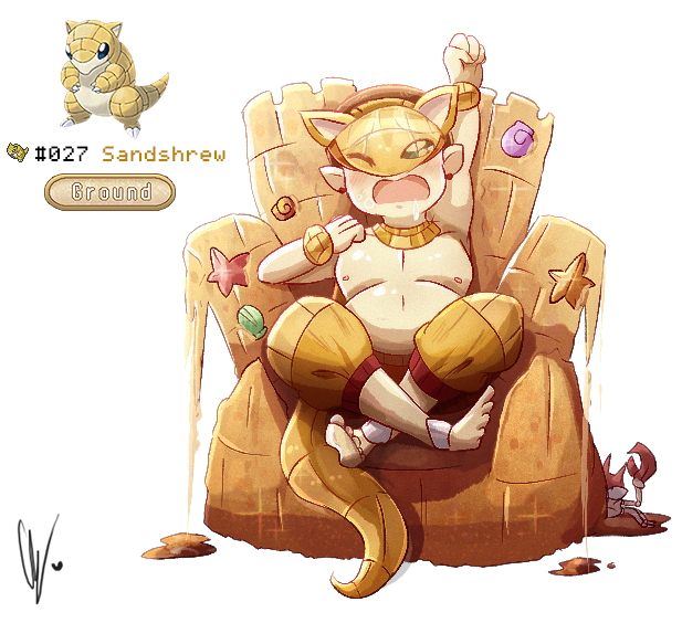 1boy arm_up barefoot blush bracelet commentary endifi fat fat_man full_body gen_1_pokemon jewelry krabby male_focus navel nintendo one_eye_closed open_mouth personification pokemon pokemon_(creature) puffy_chest reference_inset saliva sand sand_castle sand_sculpture sandshrew seashell shell solo starfish tail yawning
