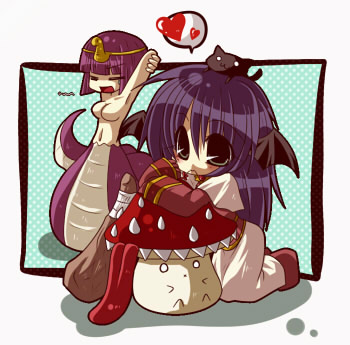 2000s_(style) 2girls acolyte_(ragnarok_online) animal animal_on_head black_cat black_eyes black_wings bob_cut breasts brown_shirt capelet cat cat_on_head chibi chibi_only closed_eyes commentary_request creature demon_wings full_body heart isis_(ragnarok_online) katagiri_yukiri lamia long_hair long_sleeves looking_at_viewer lowres medium_breasts monster_girl multiple_girls mushroom no_nipples on_head open_mouth purple_hair ragnarok_online shirt short_hair skirt smile spoken_heart spore_(ragnarok_online) white_capelet white_skirt wings