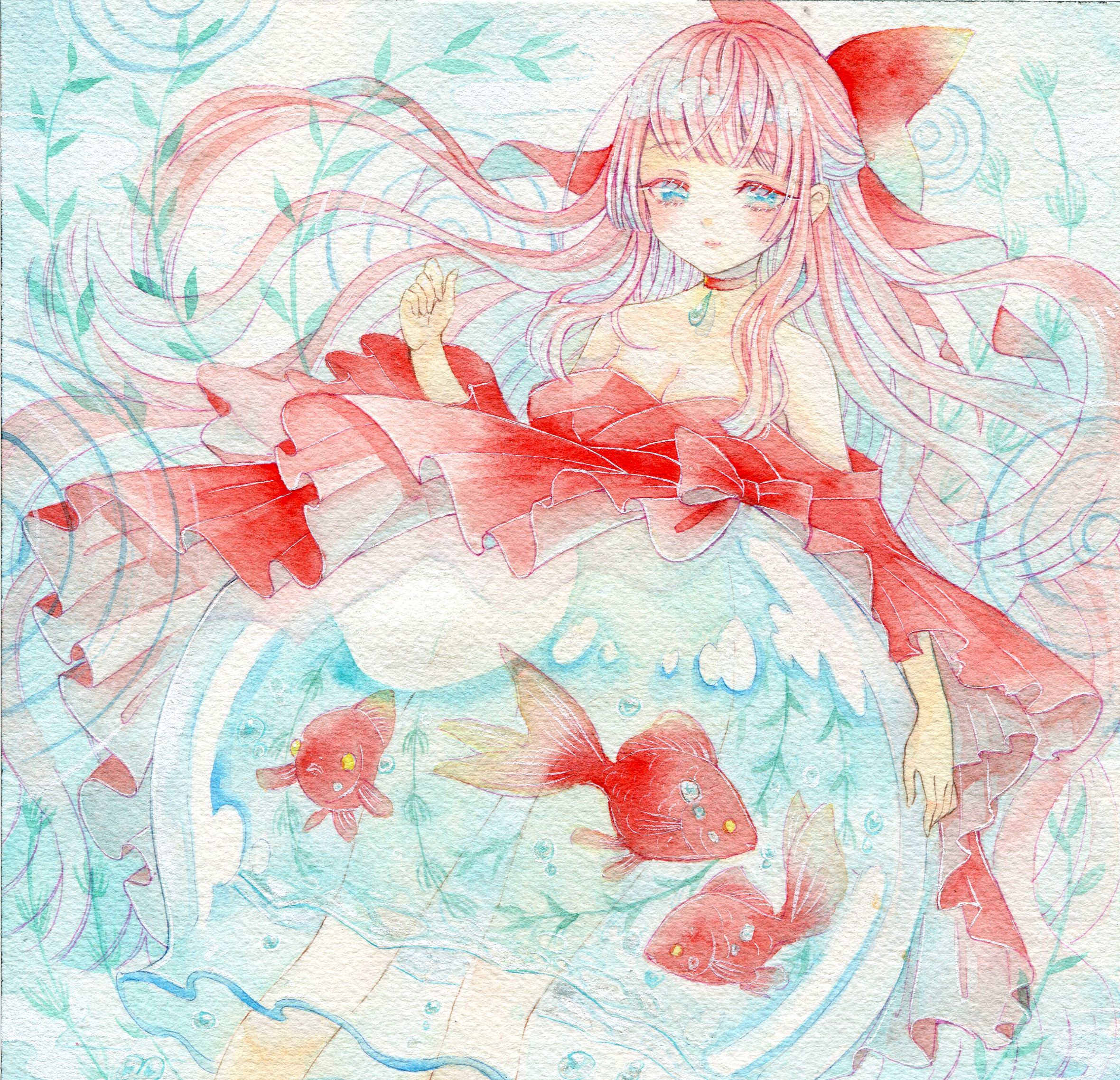 1girl amu_(m_aa) bare_shoulders blush bow breasts choker cleavage closed_mouth commentary_request dress dutch_angle feet_out_of_frame fish fishbowl goldfish hair_bow hand_up highres long_hair long_sleeves medium_breasts original painting_(medium) red_bow red_choker red_dress solo traditional_media very_long_hair watercolor_(medium) wavy_hair