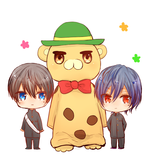 10s 2boys amagi_brilliant_park chibi gakuran high_speed! kirishima_ikuya kyoto_animation male_focus moffle multiple_boys nanase_haruka_(free!) tagme