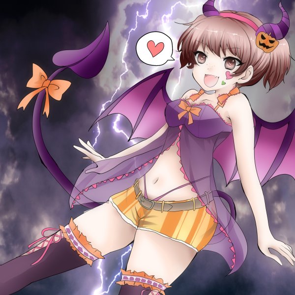 1girl alisa_(girls_und_panzer) brown_eyes brown_hair chikomayo demon_girl demon_horns demon_tail demon_wings dress food-themed_hair_ornament girls_und_panzer hair_ornament halloween_costume heart horns lightning nightgown official_alternate_costume orange_shorts panties pumpkin_hair_ornament purple_dress purple_nightgown purple_panties short_hair short_shorts short_twintails shorts sleeveless sleeveless_dress spaghetti_strap strapless strapless_dress tail thighhighs thunder twintails underwear wings