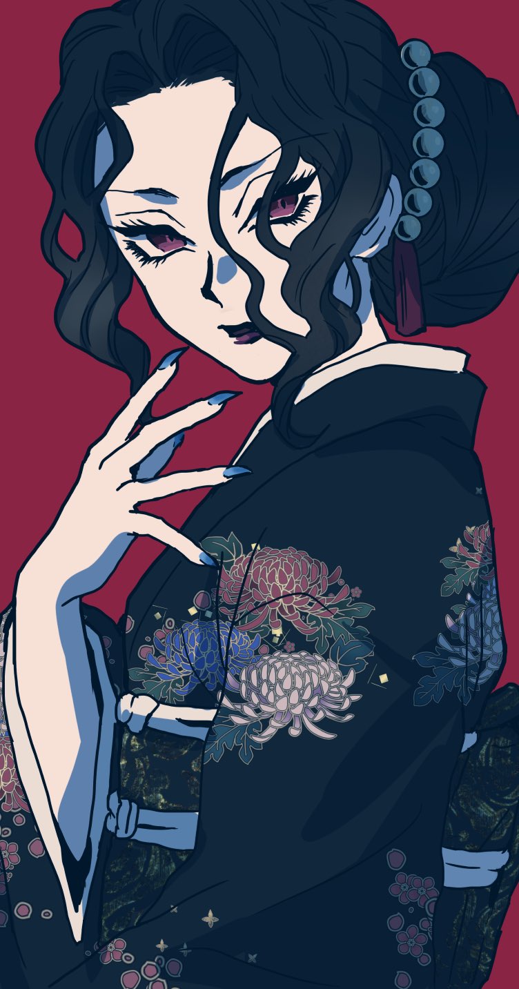 1girl 6tygu black_hair black_kimono demon_girl fingernails genderswap genderswap_(mtf) highres japanese_clothes kibutsuji_muzan kibutsuji_muzan_(female) kimetsu_no_yaiba kimono looking_at_viewer red_eyes sharp_fingernails