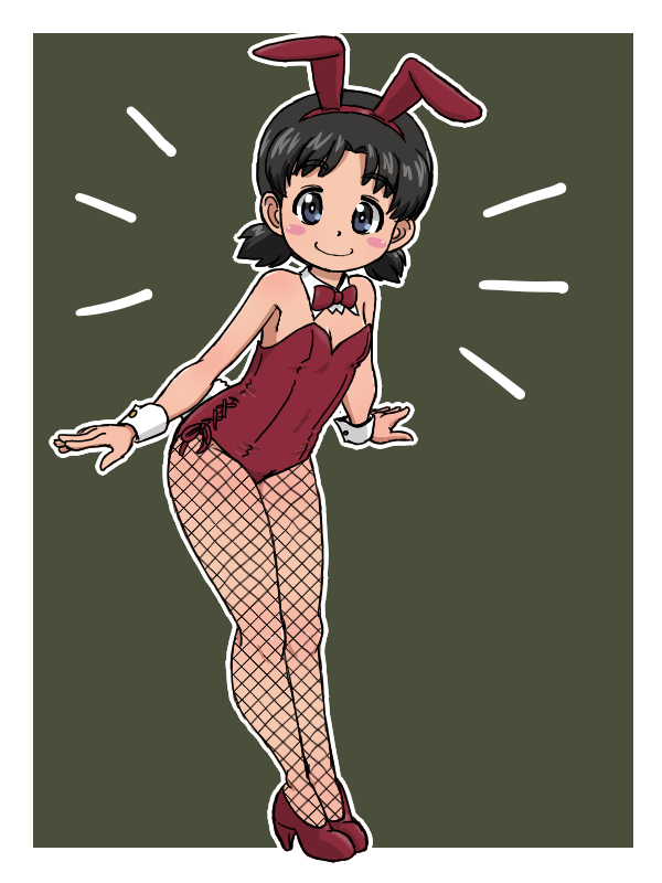 1girl animal_ear_hairband animal_ears black_eyes black_hair bow bowtie detached_collar fake_animal_ears fishnet_pantyhose fishnets full_body girls_und_panzer grey_background hairband high_heels leotard looking_at_viewer low_twintails nina_(girls_und_panzer) pantyhose playboy_bunny rabbit_ears rabbit_tail red_bow red_bowtie red_leotard red_shoes shoes side-tie_leotard smile solo standing strapless strapless_leotard tail takahashi_kurage twintails wrist_cuffs