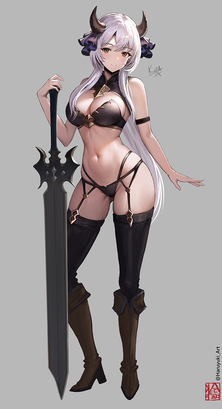 1girl armor bikini bikini_armor black_bikini black_garter_belt black_thighhighs boots breasts brown_eyes cleavage garter_belt gold_trim greatsword grey_background grey_hair haruyuki_(karem) high_heel_boots high_heels highres horns large_breasts long_hair looking_at_viewer navel original shrug_(clothing) signature sleeveless_shrug smile solo swimsuit sword thighhighs weapon