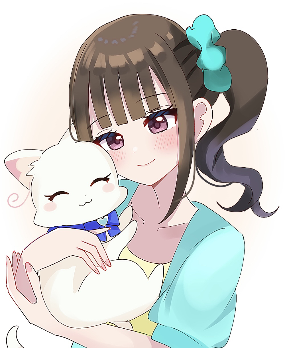 2girls :3 aqua_jacket aqua_scrunchie blue_bow blue_bowtie blush blush_stickers bow bowtie brown_hair cat closed_eyes closed_mouth commentary_request highres jacket medium_hair multiple_girls nekoyashiki_mayu nekoyashiki_yuki nekoyashiki_yuki_(cat) pink_eyes precure scrunchie shiroiro_obake shirt side_ponytail upper_body wonderful_precure! yellow_shirt