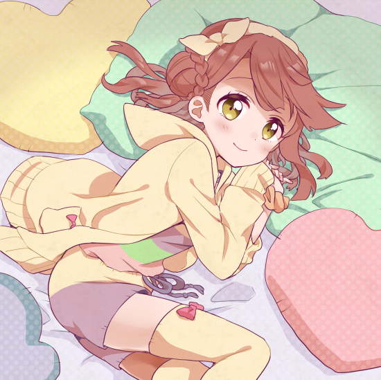 1girl bed blunt_bangs blush braid braided_bun hair_bun half_updo izumi_kirifu love_live! love_live!_nijigasaki_high_school_idol_club medium_hair orange_hair pajamas pillow pink_hair side_bun single_side_bun smile solo swept_bangs uehara_ayumu yellow_eyes yellow_legwear