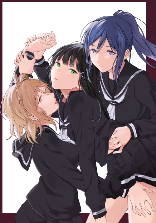 3girls black_hair black_sailor_collar black_shirt black_skirt blonde_hair blue_hair braid closed_mouth commentary_request crown_braid girl_sandwich green_eyes hand_on_another&#039;s_thigh hand_on_another&#039;s_waist holding_another&#039;s_wrist holding_hands kurosawa_dia long_hair long_sleeves looking_at_viewer love_live! love_live!_sunshine!! matsuura_kanan medium_hair multiple_girls ohara_mari parted_lips pleated_skirt ponytail purple_eyes sailor_collar sandwiched sen&#039;yuu_yuuji shirt simple_background skirt white_background yuri