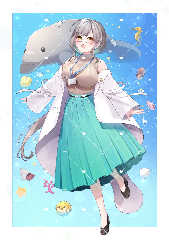 1girl :d bare_shoulders black_shoes blue_skirt blush breasts brown_shirt chitetan commentary_request conch dotted_line fish full_body glasses grey_hair heart hermit_crab indie_virtual_youtuber lab_coat large_breasts long_hair manatee natia_sirene off_shoulder open_clothes open_mouth pleated_skirt puffer_fish ribbed_shirt seahorse seashell semi-rimless_eyewear shell shirt shoes skirt smile solo squid twitter_username under-rim_eyewear very_long_hair virtual_youtuber water watermark yellow_eyes