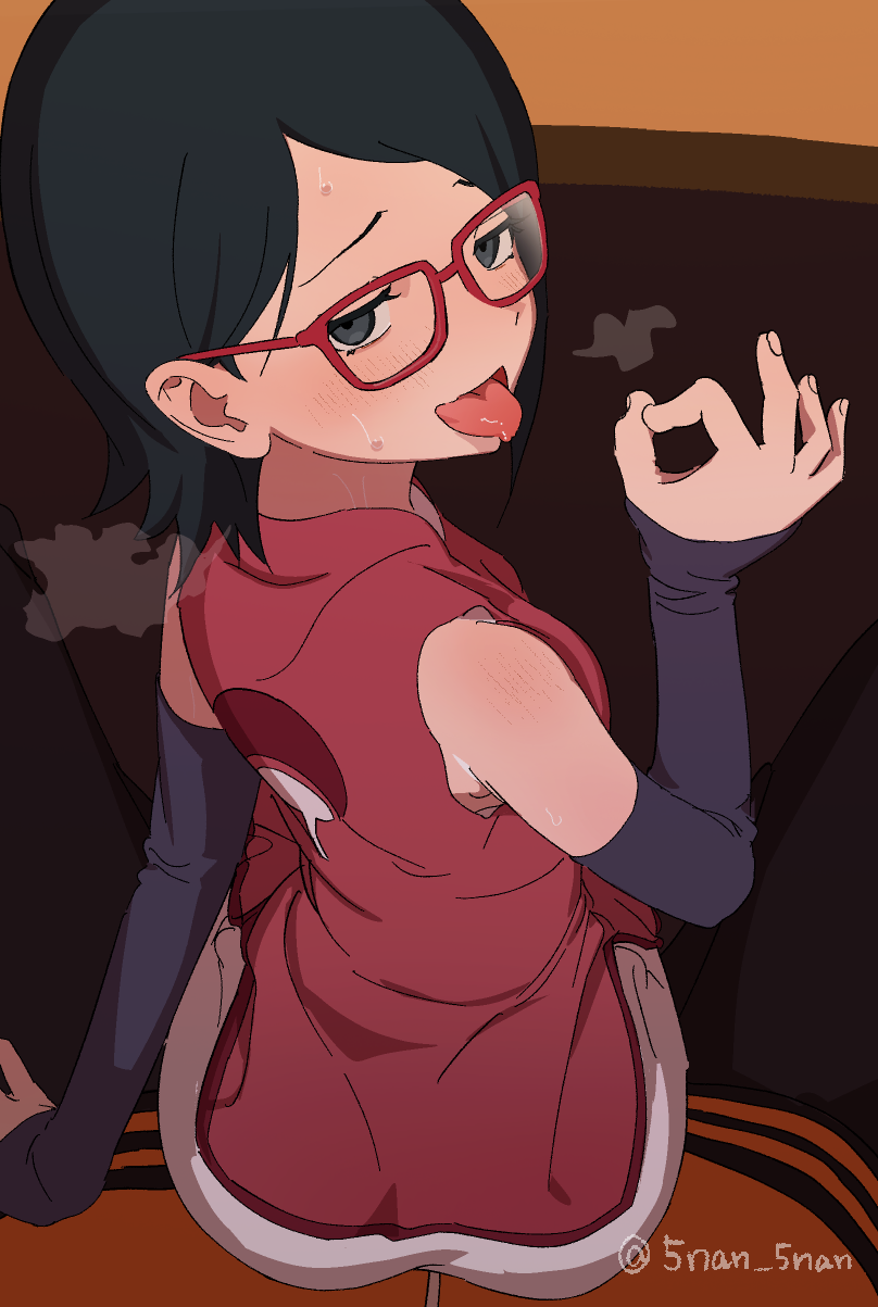 1boy 1girl 5_nan_(5nan_5nan) age_difference ass black_hair blush boruto:_naruto_next_generations dress fellatio glasses highres loli looking_at_viewer looking_back naruto_(series) oral saliva short_hair shorts simulated_fellatio sitting sitting_on_lap sitting_on_person smile sweat teasing tongue tongue_out uchiha_sarada uzumaki_naruto