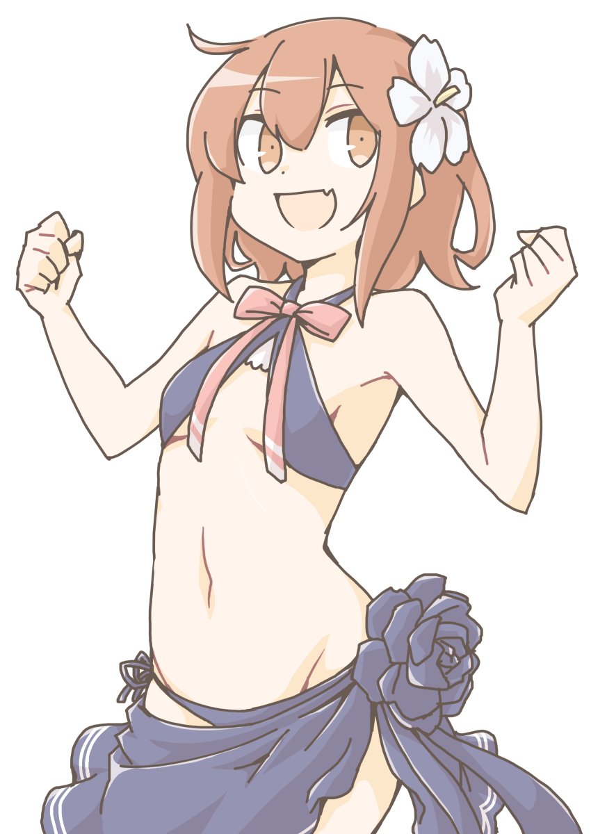 1girl akara_kai bikini black_bikini black_flower black_rose black_sarong breasts brown_eyes brown_hair cosplay cowboy_shot criss-cross_halter fang flower hair_flower hair_ornament halterneck highres ikazuchi_(kancolle) kantai_collection rose sarong short_hair simple_background skin_fang small_breasts solo swimsuit tatsuta_(kancolle) tatsuta_(kancolle)_(cosplay) tatsuta_(swimsuit)_(kancolle) w_arms white_background