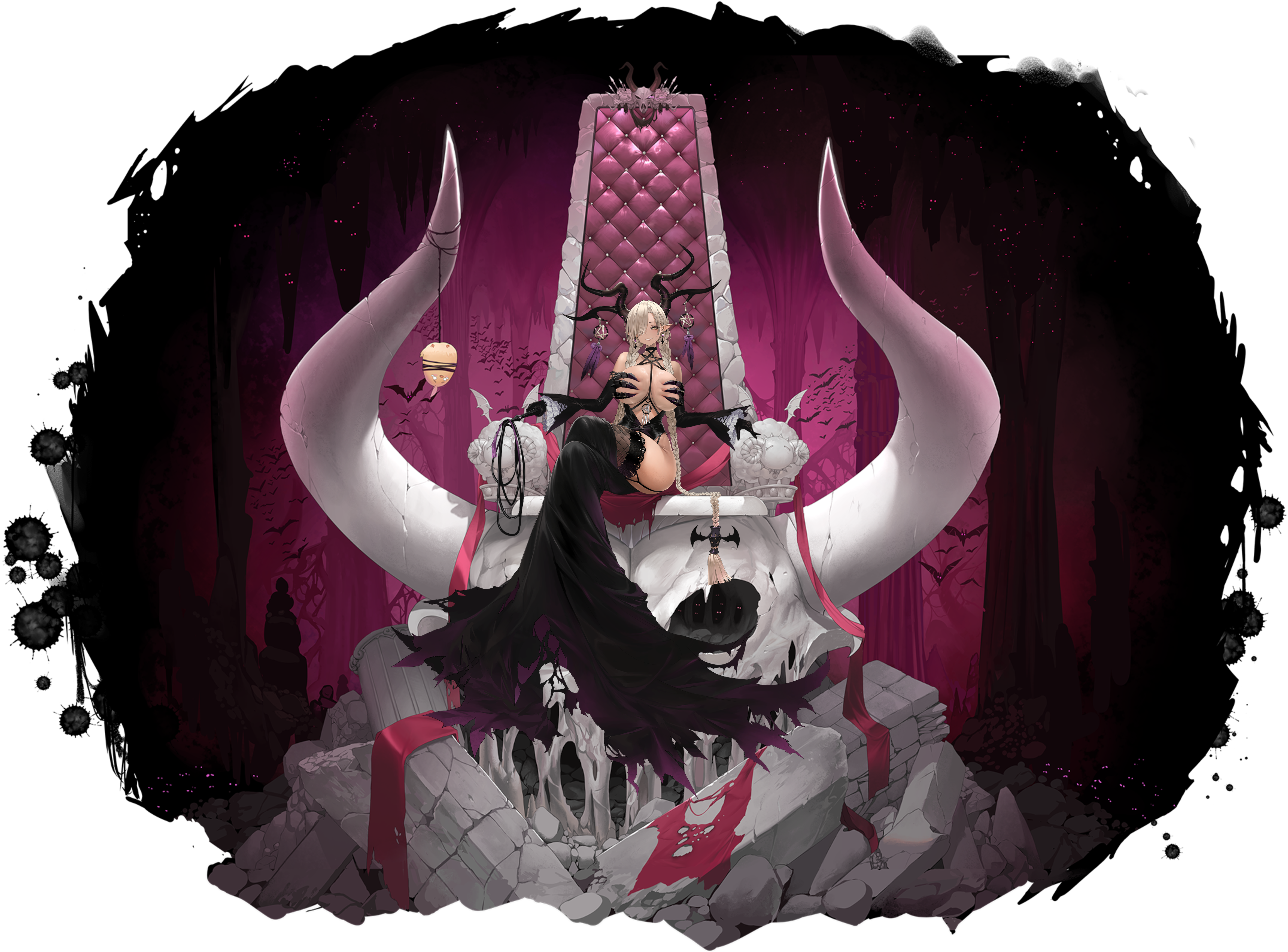 1girl absurdres azur_lane between_breasts black_horns black_leotard blush braid breasts brown_hair claw_bra cleavage demon_girl demon_horns detached_sleeves dishwasher1910 highres horns huge_breasts leotard long_hair looking_at_viewer low_twin_braids mole mole_under_mouth non-web_source official_alternate_costume official_alternate_horns official_art owari_(azur_lane) owari_(my_wish_is_for_love)_(azur_lane) pointy_ears revealing_clothes sitting smile solo strap_between_breasts twin_braids very_long_hair yellow_eyes