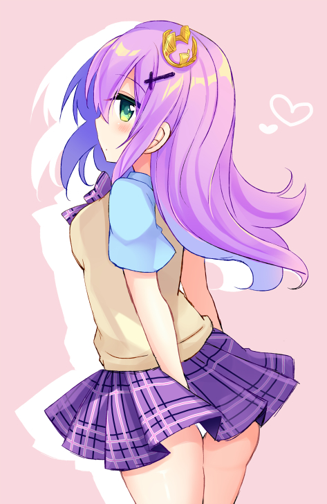 1girl azur_lane blue_shirt blush bow breasts closed_mouth crown drop_shadow from_side green_eyes hair_between_eyes heart javelin_(azur_lane) javelin_(slow_ahead!)_(azur_lane) long_hair medium_breasts mini_crown pink_background pink_hair plaid_bow pleated_skirt profile purple_bow purple_skirt shikito_(yawa0w0) shirt short_sleeves skirt solo sweater_vest tilted_headwear very_long_hair