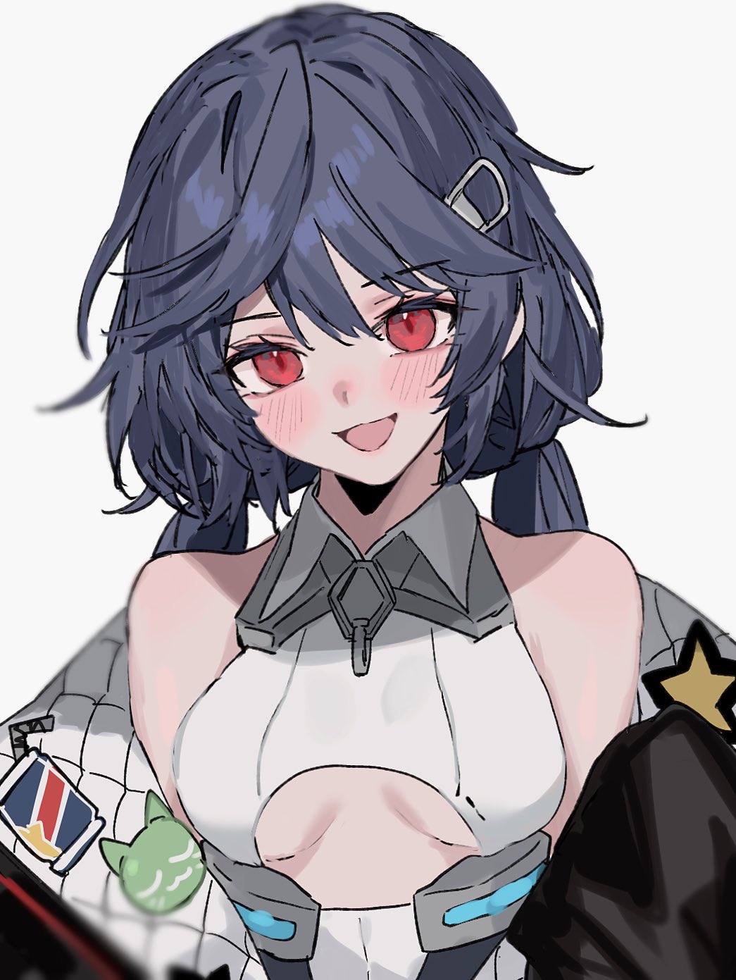 1girl :d allen_m._sumner_(azur_lane) aogisa azur_lane badge bare_shoulders black_hair blush breasts button_badge clothing_cutout coat collared_leotard hair_ornament hairclip highres leotard long_hair looking_at_viewer low_twintails medium_breasts open_clothes open_mouth red_eyes simple_background smile solo twintails underboob underboob_cutout upper_body white_background