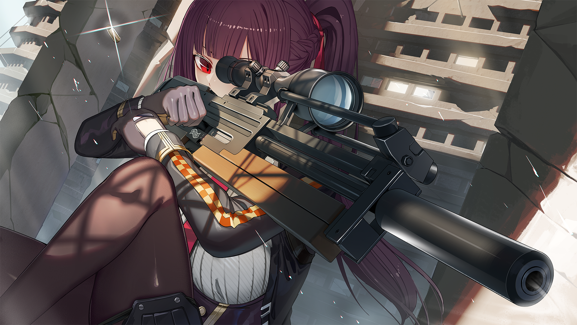 aiming black_pantyhose blunt_bangs breasts broken_window bullpup commentary_request crack cracked_wall girls'_frontline girls'_frontline_2:_exilium gloves gun highres holding holding_gun holding_weapon long_hair looking_through_scope makiatto_(girls'_frontline_2) medium_breasts natori_youkai pantyhose ponytail purple_hair red_eyes reloading rifle ruins scope sniper_rifle suppressor tsurime wa2000_(girls'_frontline) walther walther_wa_2000 weapon
