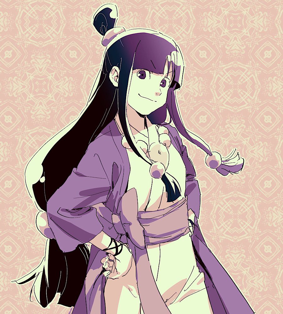 1girl ace_attorney black_hair blunt_bangs closed_mouth hair_ornament half_updo hands_on_own_hips hanten_(clothes) jacket japanese_clothes jewelry kimono limited_palette long_hair long_sleeves looking_at_viewer magatama magatama_necklace maya_fey necklace parted_bangs purple_jacket sash sidelocks smile solo standing taba_(tb_gya) v-shaped_eyebrows wide_sleeves