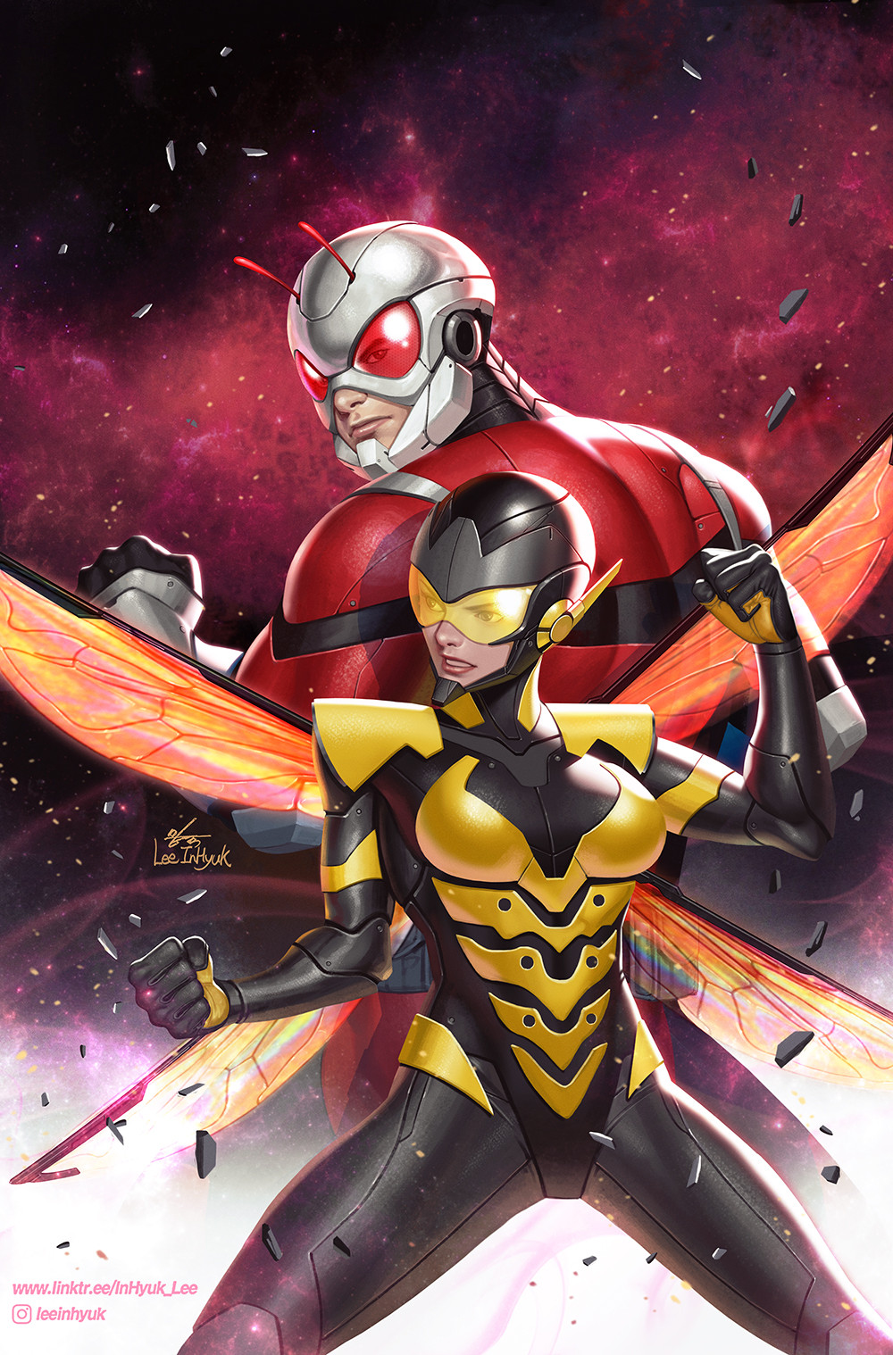 1boy 1girl ant-man antennae artist_name back-to-back black_bodysuit bodysuit clenched_hands hank_pym highres in-hyuk_lee insect_wings instagram_logo instagram_username janet_van_dyne looking_at_another marvel red-tinted_eyewear red_bodysuit signature tinted_eyewear two-tone_bodysuit wasp_(marvel) watermark web_address wings yellow-tinted_eyewear yellow_bodysuit