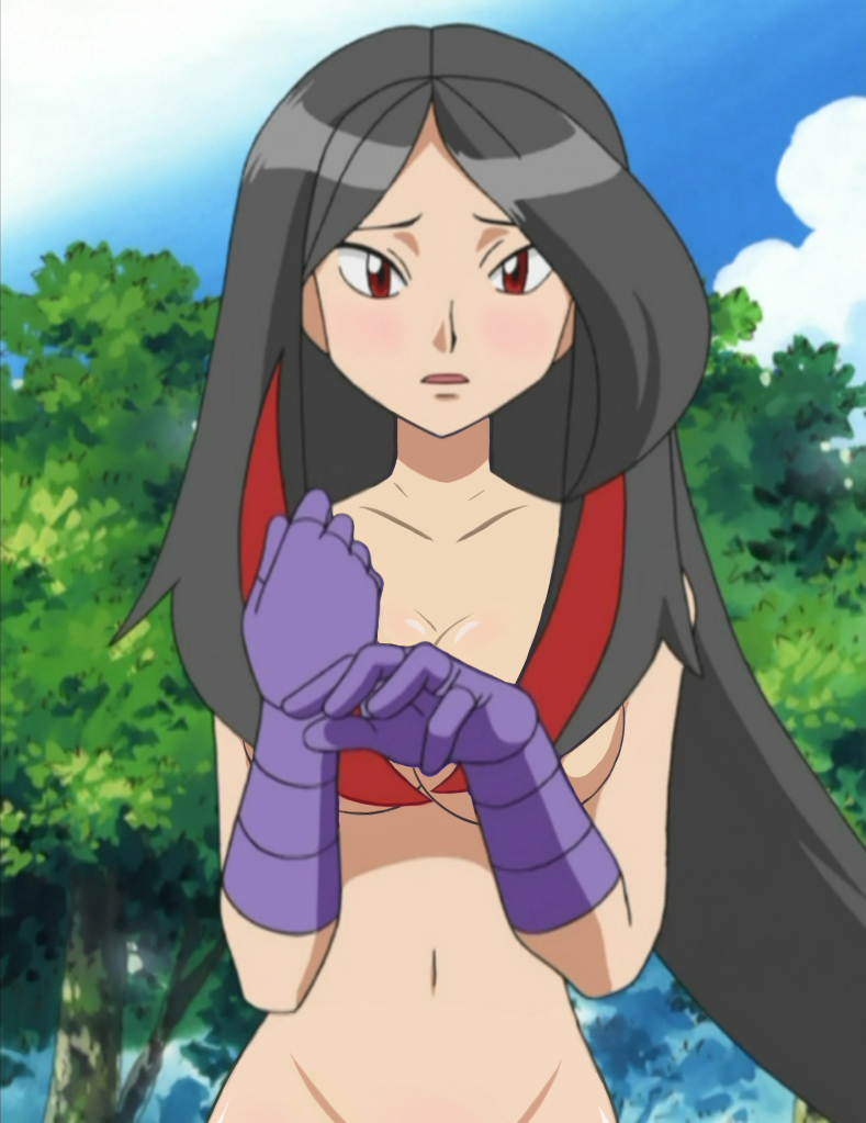 1girl black_hair blush breasts censored censored_nipples cloud convenient_censoring drawfag forest frontier_brain gloves hair_censor hair_over_breasts large_breasts long_hair looking_at_viewer lucy_(pokemon) multicolored_hair nature navel nintendo nude nude_filter out-of-frame_censoring outdoors pokemon pokemon_(anime) pokemon_rse_(anime) red_eyes sky solo stomach third-party_edit tree