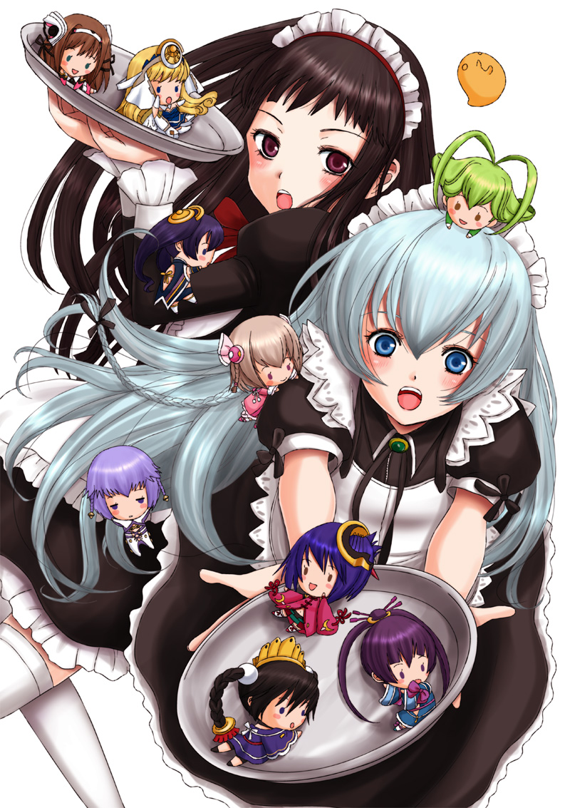 6+girls apron ar_tonelico ar_tonelico_i ar_tonelico_ii ar_tonelico_iii aurica_nestmile black_dress black_hair blonde_hair blue_eyes blue_hair blush bow braid brown_hair chibi chroche_latel_pastalie cocona_vatel dress finnel_(ar_tonelico) frelia_(ar_tonelico) frills green_hair hair_ribbon inumori_sayaka jakuri_(ar_tonelico) luca_truelywaath maid maid_apron maid_headdress misha_arsellec_lune multiple_girls purple_hair red_eyes ribbon saki_(ar_tonelico) shurelia_(ar_tonelico) silver_hair tilia_(ar_tonelico) tray twin_braids waitress white_legwear