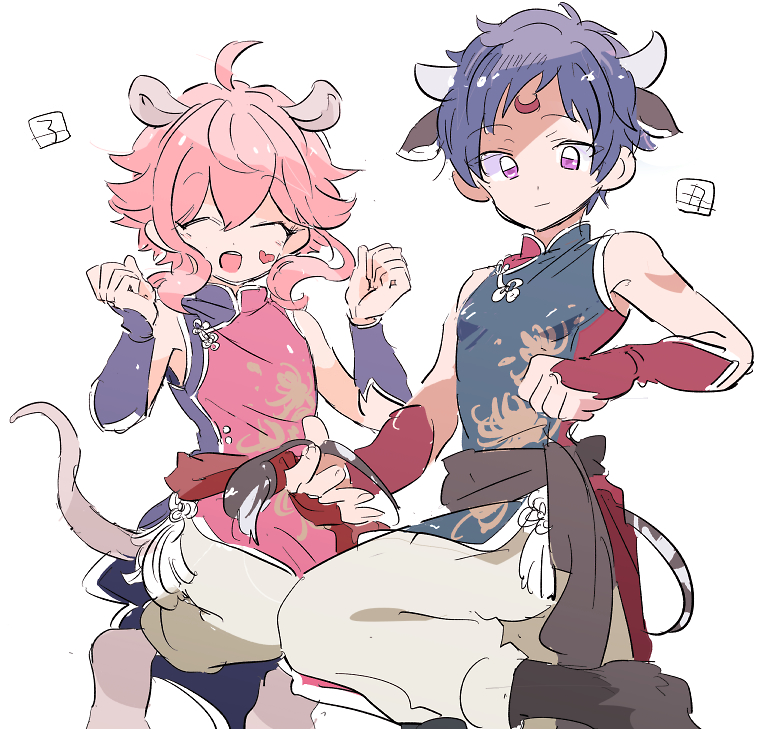 2boys bridal_gauntlets china_dress chinese_clothes clenched_hands cow_horns cow_tail cowboy_shot crescent crescent_facial_mark dress ensemble_stars! facial_mark forehead_mark fushimi_yuzuru heart heart_facial_mark himemiya_tori holding_own_tail horns knee_up knees_up male_focus marking_on_cheek midair mouse_boy mouse_tail multiple_boys oihool pants purple_bridal_gauntlets red_bridal_gauntlets shirt short_dress simple_background sketch sleeveless sleeveless_shirt smile socks tail white_background white_pants