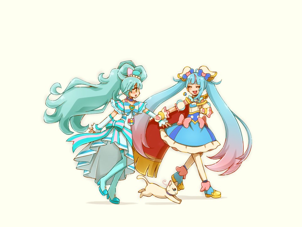 2girls aqua_hair blue_eyes cape cat cure_lillian cure_sky holding_another&#039;s_wrist long_hair multiple_girls nekoyashiki_yuki nekoyashiki_yuki_(cat) open_mouth precure red_cape simple_background smile twintails walking wavy_hair white_background wonderful_precure! yellow_eyes yuu13