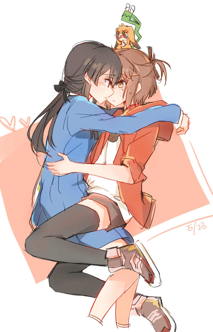 2girls artistic_error bad_anatomy bad_hands black_hair black_thighhighs blue_dress blush brown_footwear brown_hair closed_mouth commentary_request dated dress etou_kanami eye_contact face-to-face frown grey_shorts hood hood_down hooded_jacket hug jacket juujou_hiyori lionet0806 long_hair long_sleeves looking_at_another multiple_girls nene_(toji_no_miko) one_side_up open_clothes open_jacket orange_eyes ponytail red_eyes red_jacket shirt shoes short_hair shorts sidelocks sketch thighhighs toji_no_miko white_shirt yuri zettai_ryouiki