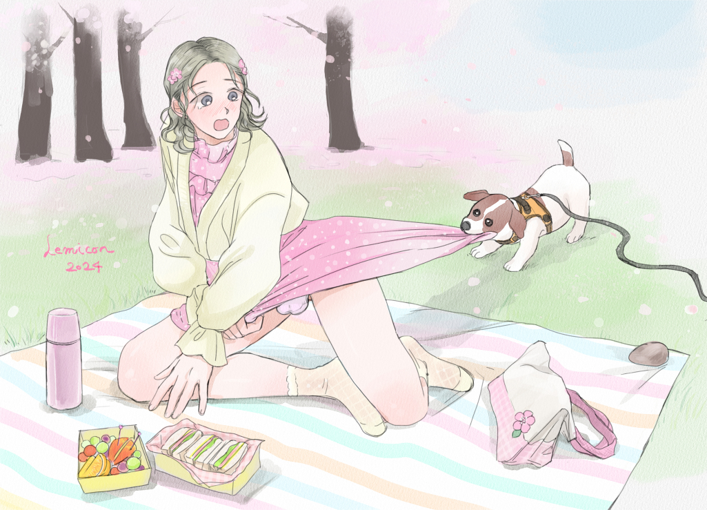 1boy bag black_hair blanket blue_eyes bulge cardigan cherry_blossoms crossdressing dog dress embarrassed flowers_in_hair food fruit handbag lemicon medium_hair original panties park picnic picnic_blanket pink_dress polka_dot polka_dot_dress pulling_another&#039;s_clothes purple_panties rock sandwich side_part socks striped_blanket thermos trap underwear yellow_cardigan yellow_socks