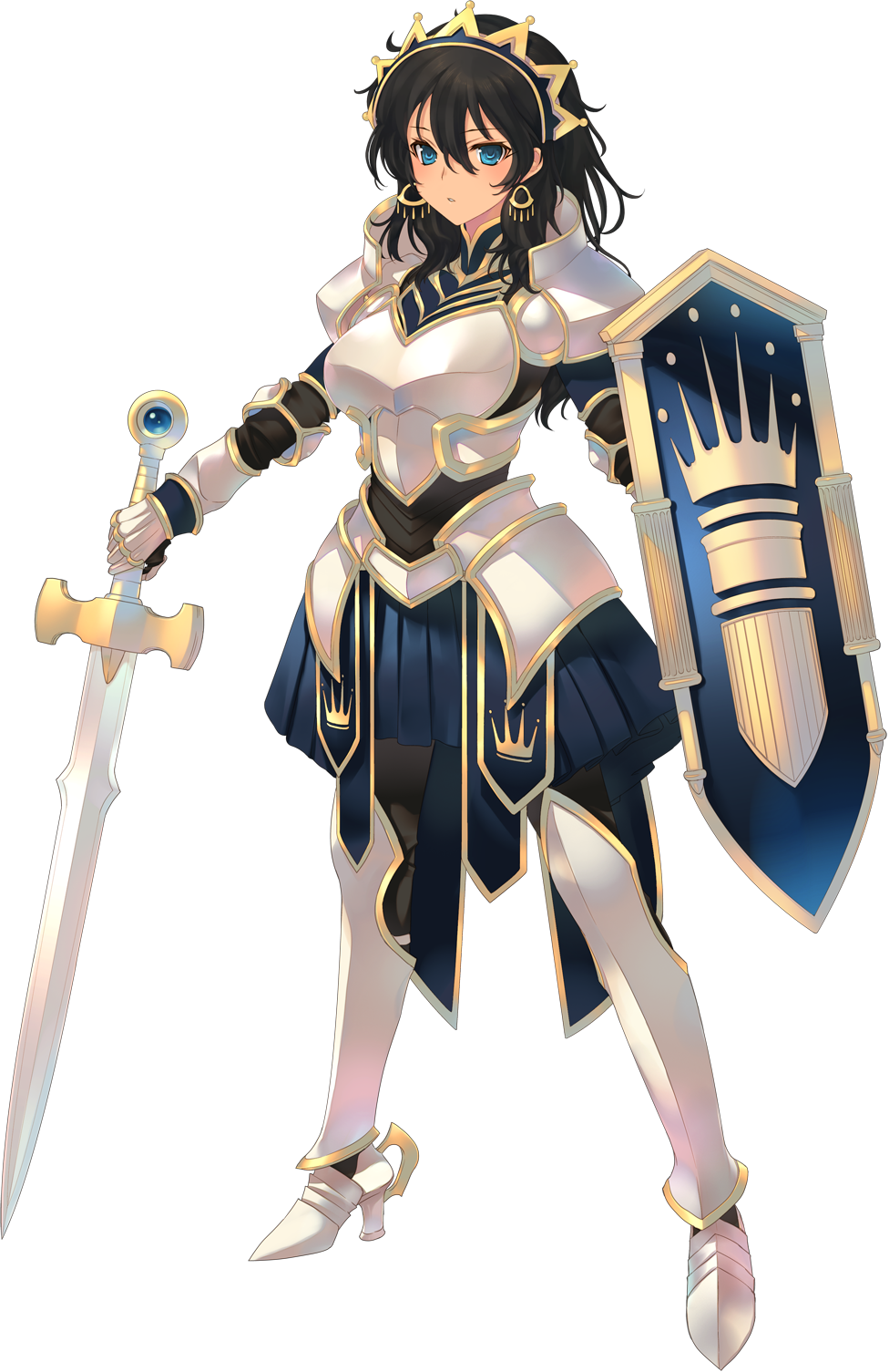 1girl amazuyu_tatsuki aquaplus armor armored_boots black_hair blue_eyes boots bou_(inubou) breastplate dark-skinned_female dark_skin dungeon_travelers_2 earrings female_focus full_body gauntlets grisherina_efleanor hair_ornament highres holding holding_weapon jewelry long_hair pauldrons pleated_skirt shield shoulder_armor skirt solo standing sword thighhighs transparent_background weapon