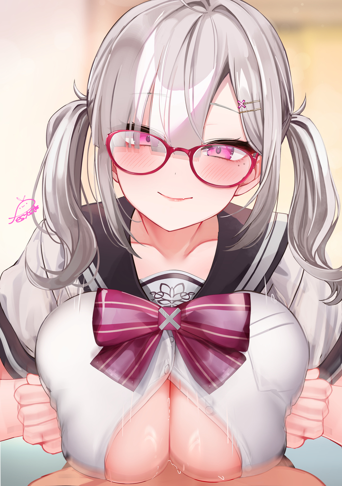 1boy 1girl blush bow bowtie breasts brown_sailor_collar cleavage closed_mouth collarbone commentary_request festa11307070 glasses grey_hair grey_serafuku large_breasts long_hair looking_at_viewer nijisanji paizuri pink-framed_eyewear pink_bow pink_bowtie pink_eyes sailor_collar school_uniform serafuku short_sleeves smile solo_focus sukoya_kana sukoya_kana_(3rd_costume) twintails virtual_youtuber