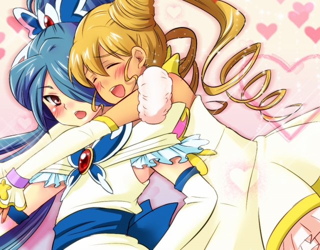2boys blonde_hair blue_hair blush brown_eyes bug butterfly butterfly_hair_ornament child closed_eyes cone_hair_bun cosplay crossdressing crossdressing_(mtf) cure_aqua cure_aqua_(cosplay) cure_lemonade cure_lemonade_(cosplay) gloves hair_bun hair_ornament hair_over_one_eye heart hug inazuma_eleven inazuma_eleven_(series) insect kazemaru_ichirouta long_hair magical_girl male_focus miyasaka_ryou multiple_boys open_mouth precure tamashiro trap twintails yes!_precure_5