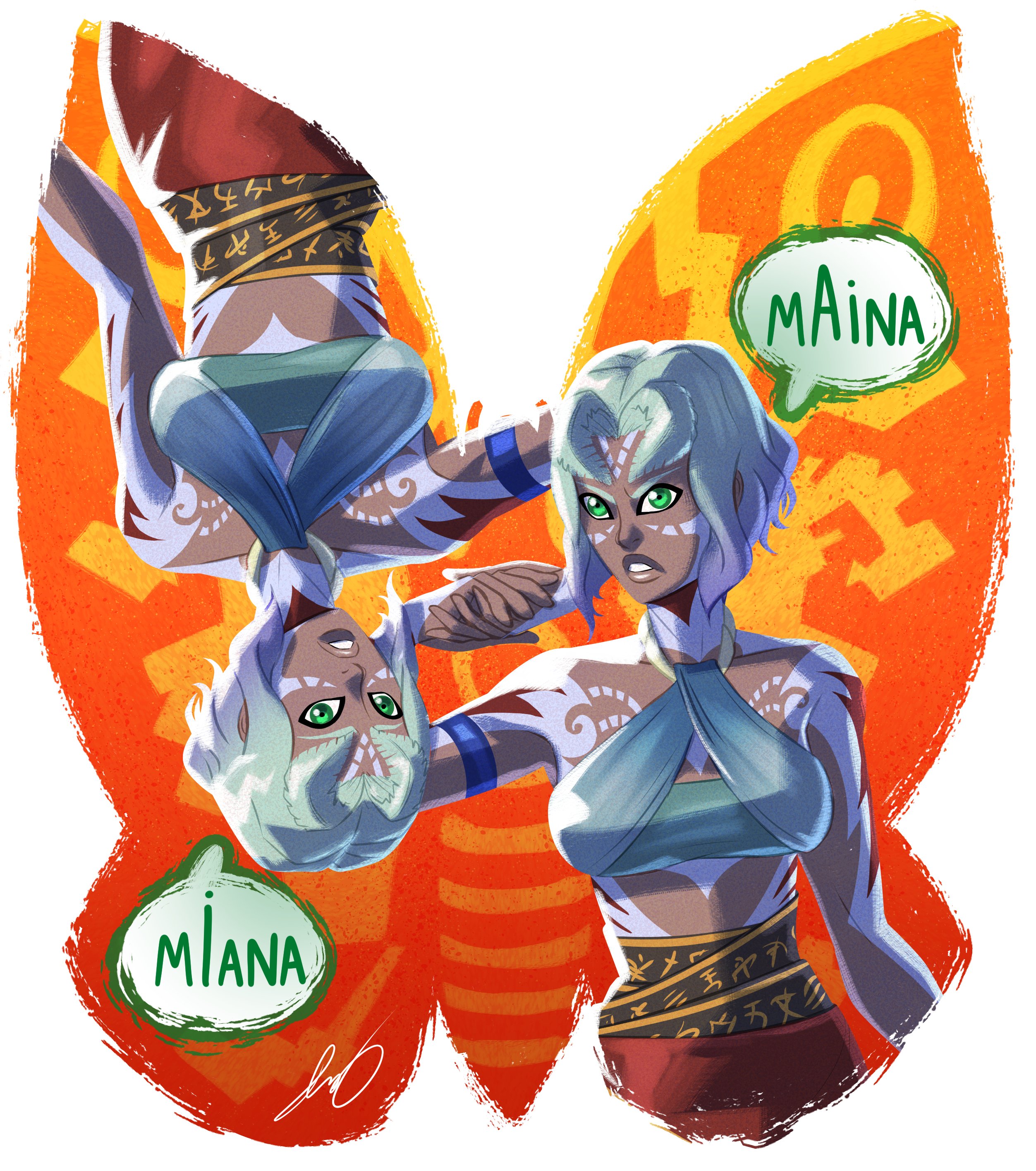 2girls absurdres blue_eyes blue_hair bug butterfly character_name english_text giant giant_monster godzilla:_city_on_the_edge_of_battle godzilla:_planet_of_the_monsters godzilla:_the_planet_eater godzilla_(series) highres houtua insect kaiju maina miana midriff monster moth mothra multiple_girls polygon_pictures pyrasterran short_hair siblings speech_bubble toho tribal twins