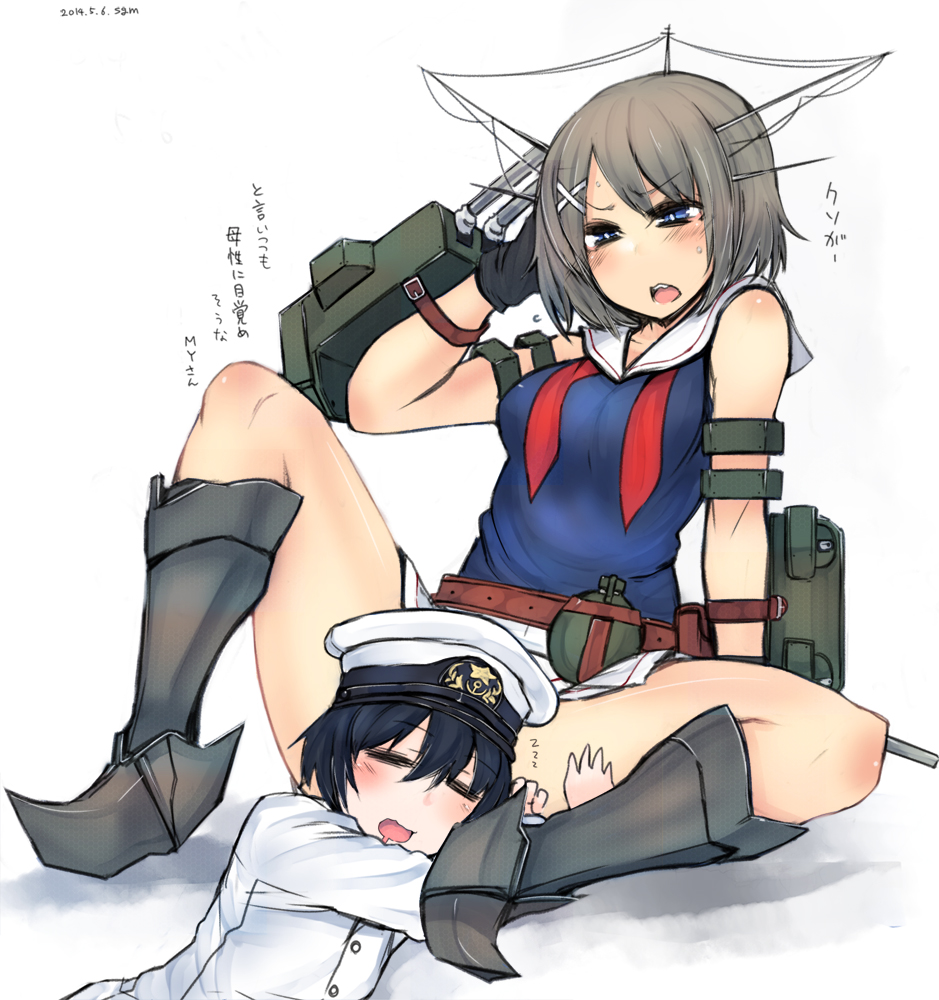 10s 1boy 1girl =_= admiral_(kancolle) blue_eyes blush brown_hair canteen drooling embarrassed gloves hair_ornament hairclip headgear kantai_collection little_boy_admiral_(kancolle) maya_(kancolle) necktie open_mouth sailor_collar ship_turret short_hair sigama simple_background sitting skirt sleeping sweatdrop text_focus translation_request untied white_background