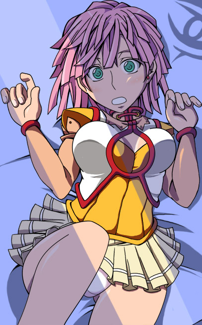 1girl akito_(owata11) bad_id bad_pixiv_id banpresto breasts cleavage female_focus green_eyes large_breasts lying panties pink_hair plaid_clothes plaid_skirt skirt solo super_robot_wars tis_(srw) underwear