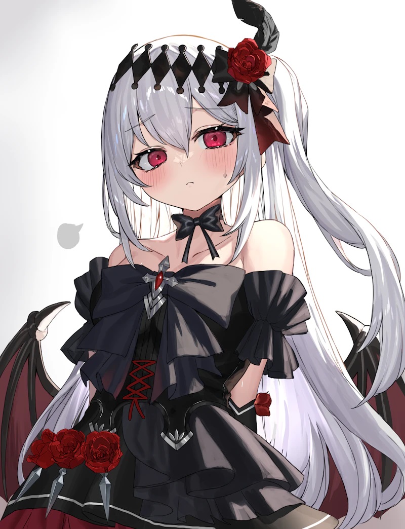 1girl bare_shoulders bat_wings black_bow black_bowtie black_dress black_gloves blush bow bowtie breasts closed_mouth collarbone commission dress feather_hair_ornament feathers flower gloves gradient_background hair_flower hair_ornament long_hair looking_at_viewer mare_(ac8231) naked_bowtie one_side_up original ranf red_eyes red_flower red_rose rose simple_background skeb_commission solo sweat vampire white_hair wings