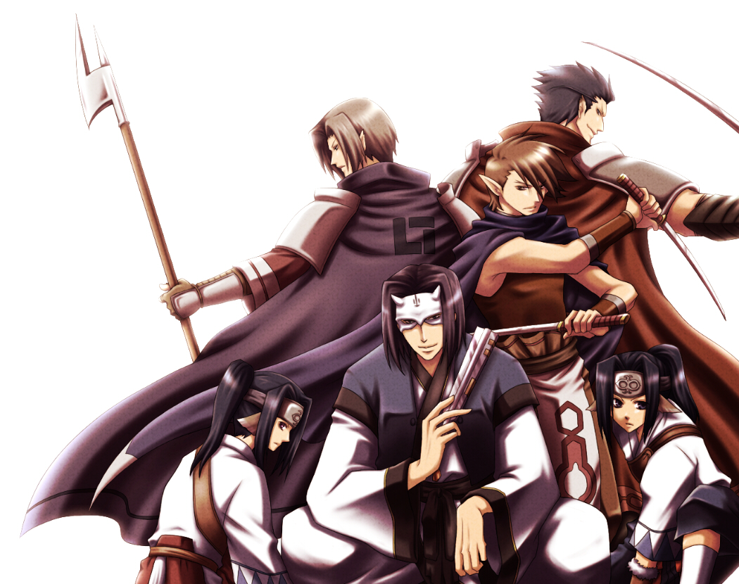 6+boys androgynous animal_ears benawi black_hair bow_(weapon) brothers brown_hair dog_ears dorry_(utawarerumono) guraa hakuowlo japanese_clothes kurou_(utawarerumono) long_hair male_focus mask multiple_boys oboro_(utawarerumono) pointy_ears polearm short_hair siblings simple_background souma_(k_souma) spear sword tessen trap twins utawarerumono war_fan weapon