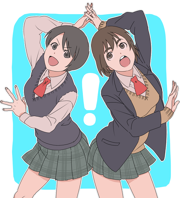 ! &gt;:d &gt;:o 2girls :d :o ayase_fuuka beast_garururu black_eyes black_hair blue_background breasts brown_eyes brown_hair hiwatari interlocked_fingers looking_at_viewer looking_up multiple_girls necktie open_mouth plaid_clothes plaid_skirt pleated_skirt school_uniform shimau short_hair simple_background skirt smile sweater_vest thick_eyebrows v-shaped_eyebrows yotsubato!