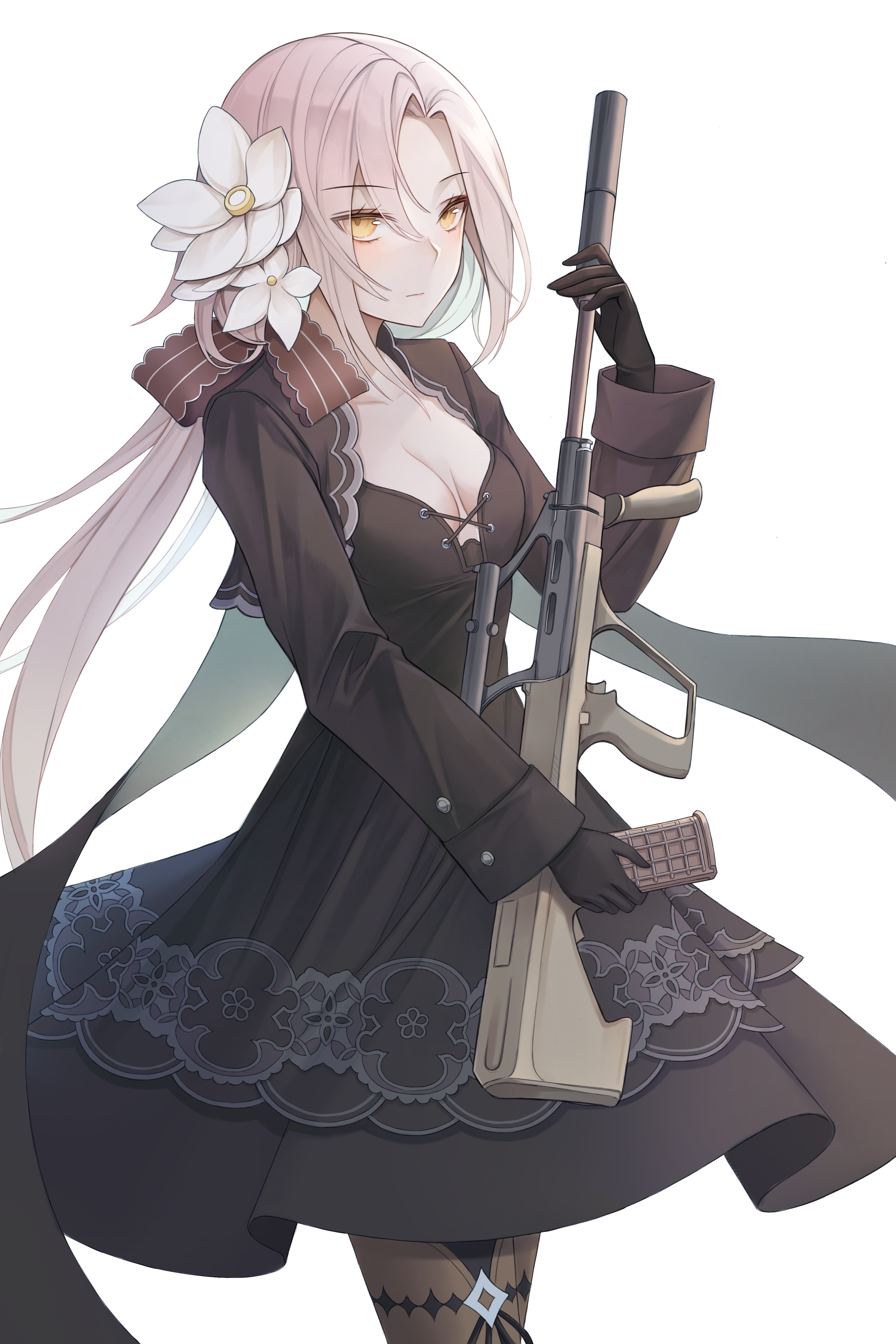 1girl absurdres assault_rifle aug_(girls'_frontline) black_dress black_gloves black_pantyhose blonde_hair breasts bullpup cleavage dress extended_barrel female_focus flower girls'_frontline gloves gun hair_flower hair_ornament hair_ribbon highres huge_filesize long_hair looking_at_viewer ludwig_(user_aewg2872) pantyhose ribbon rifle simple_background small_breasts solo steyr_aug suppressor thighhighs weapon white_background yellow_eyes