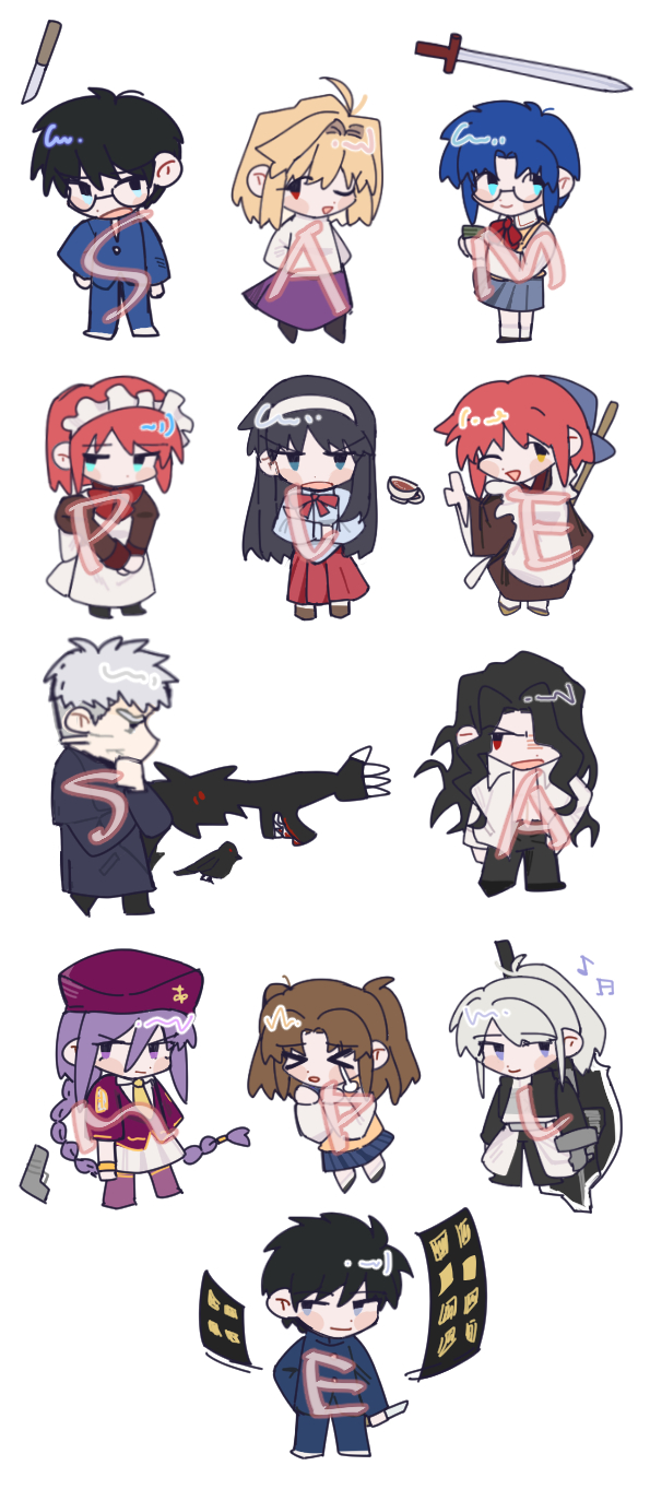 4boys 6+girls ahoge apron arcueid_brunestud atlas_academy_uniform beret black_barrel_(type-moon) black_eyes black_hair black_keys_(type-moon) blue_eyes blue_ribbon braid braided_ponytail chibi ciel_(tsukihime) dress dual_persona formal_clothes glasses grey_eyes grey_hair group_picture gun hair_over_one_eye handgun hat highres hisui_(tsukihime) ii_nkmk kohaku_(tsukihime) maid maid_apron maid_headdress melty_blood michael_roa_valdamjong multiple_boys multiple_girls nanatsu-yoru nanaya_shiki nrvnqsr_chaos ponytail purple_eyes red_dress red_eyes ribbon riesbyfe_stridberg school_uniform sion_eltnam_(type-moon) sion_eltnam_atlasia sweater tohno_akiha tohno_shiki true_apocrypha tsukihime turtleneck turtleneck_sweater twintails vampire weapon white_sweater yellow_eyes yumizuka_satsuki