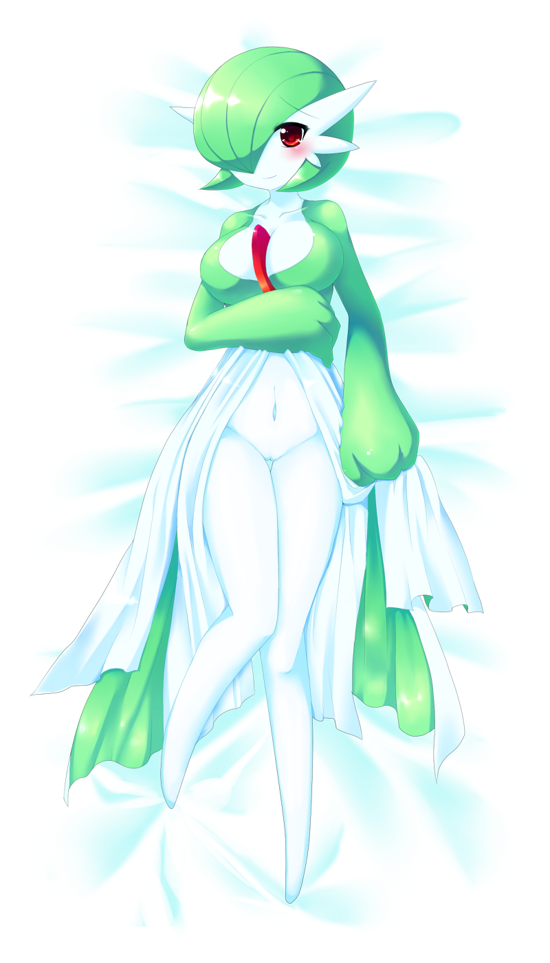 1girl bed blush bob_cut breasts cleft_of_venus colored_skin dakimakura_(medium) dress gardevoir gen_3_pokemon green_hair green_skin hair_over_one_eye highres large_breasts multicolored_skin navel nintendo pokemon pokemon_(creature) pussy red_eyes tanpopo_hayabusa-maru two-tone_skin white_dress white_skin