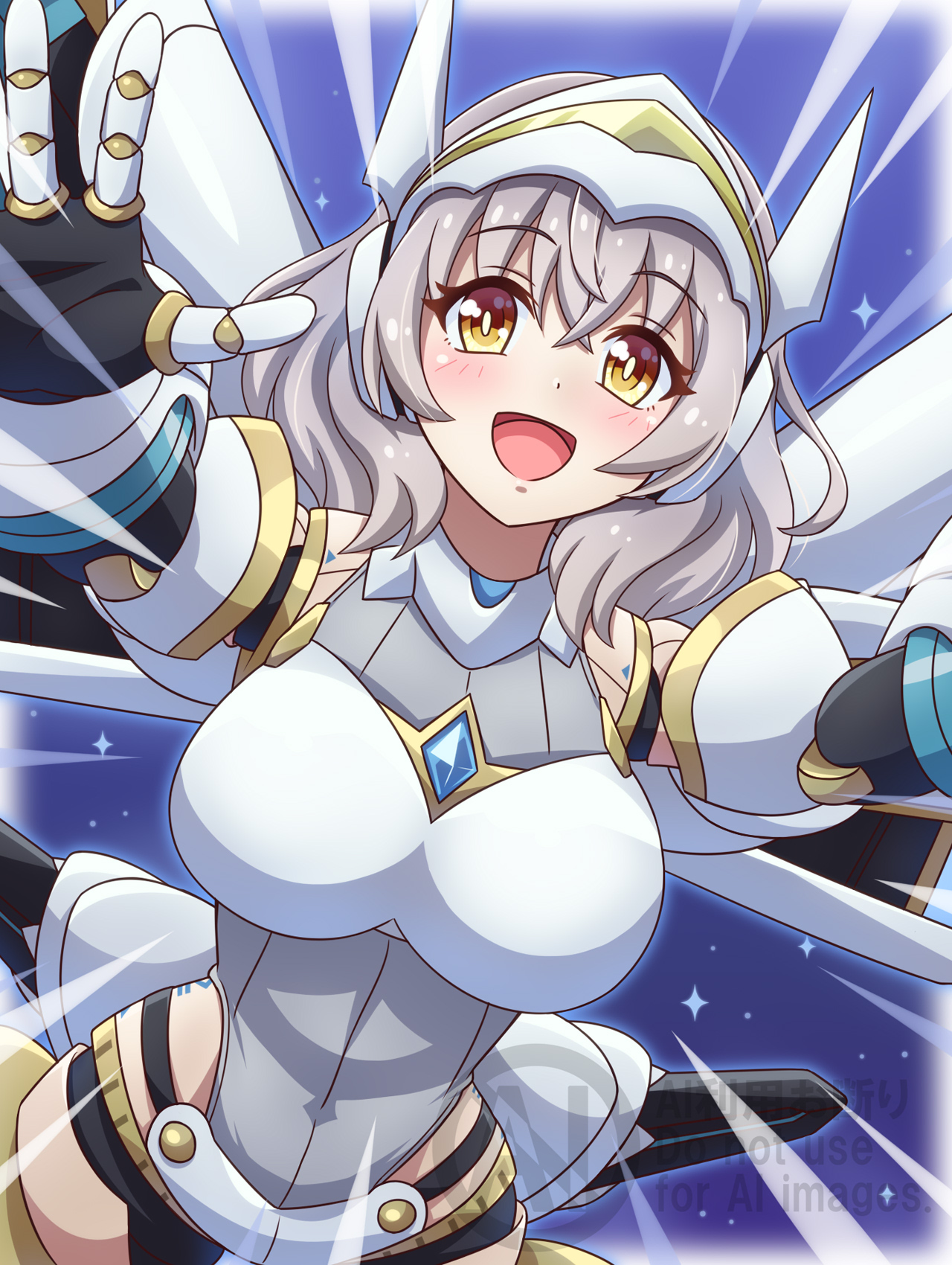 1girl blue_gemstone breasts croce_(princess_connect!) gem grey_hair highres joints large_breasts leotard mechanical_antennae mechanical_arms medium_hair open_mouth princess_connect! robot_girl robot_joints smile yosuzu