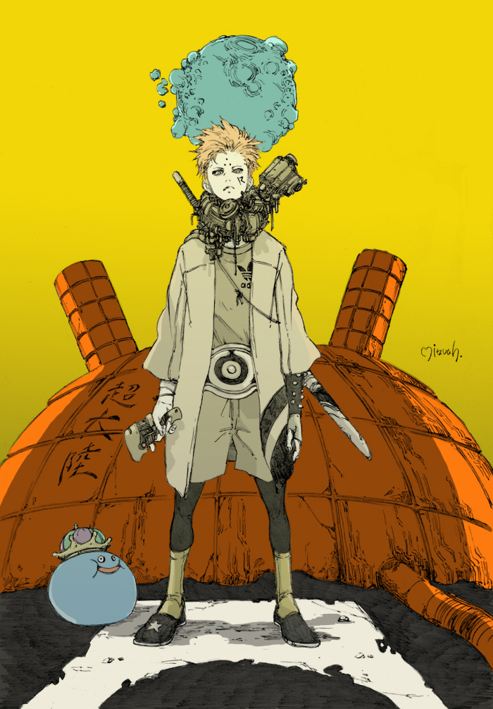 1boy adidas belt collar crater crown dragon_quest facial_mark fingerless_gloves forehead_mark gloves king_slime_(dragon_quest) legs_apart looking_at_viewer makkamu mechanical orange_hair original planet sheath sheathed short_hair shorts single_glove smile socks spiked_hair square_enix standing sword translation_request weapon wide_sleeves wide_stance