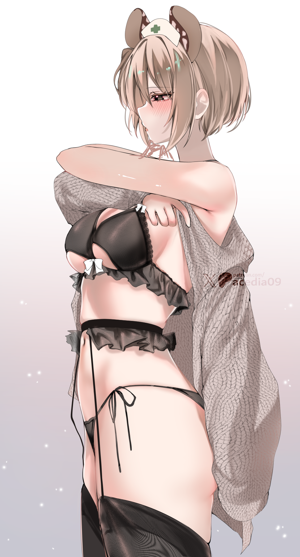 1girl acedia animal_ears black_bra black_panties black_thighhighs blush bow bow_bra bra breasts brown_hair cable_knit cardigan cardigan_partially_removed commentary cowboy_shot frilled_bra frilled_garter_belt frills from_side garter_belt garter_straps hat highres indie_virtual_youtuber lace lace-trimmed_bra lace_trim lingerie nimi_nightmare nurse_cap paid_reward_available panties parted_lips ribbed_cardigan short_hair side-tie_panties solo stomach string_panties tapir_ears tapir_girl thighhighs underboob underwear undressing virtual_youtuber